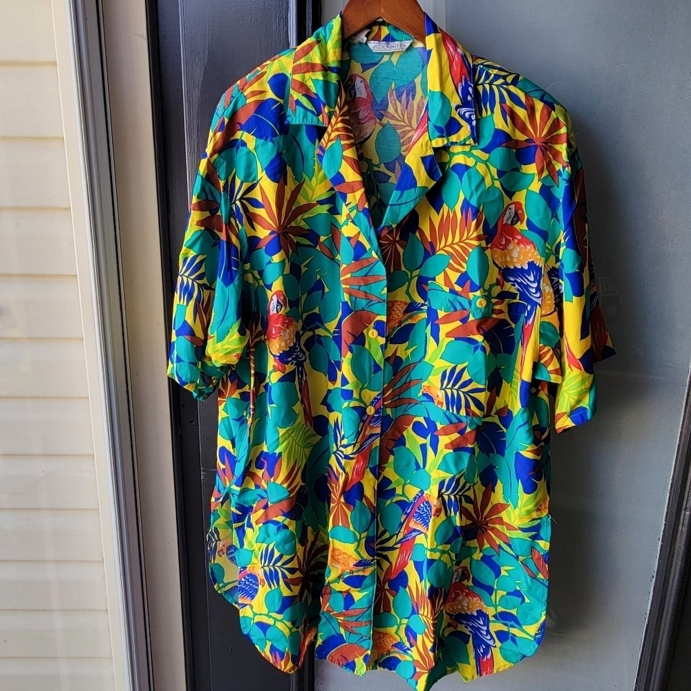 VTG Jack Winter Tropical Floral Parrots Rayon Oversized Top Shirt Women's Large